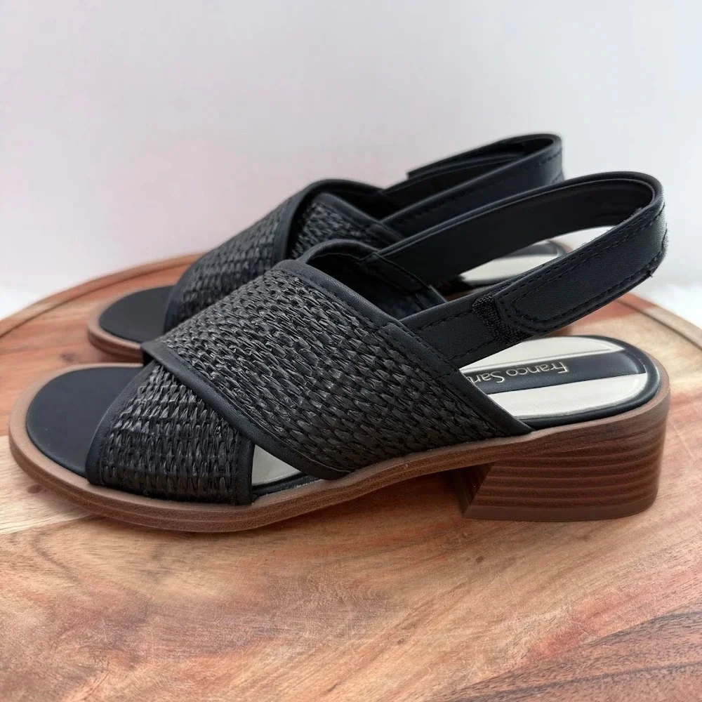Franco Sarto Womens 7M Black Woven Crisscross Slingback Block Heel Sandals New